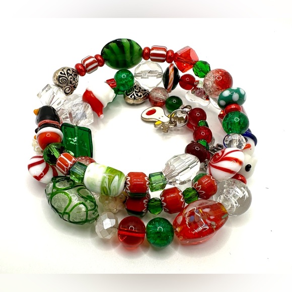 Christmas Beaded Bracelet Wrap Coil Memory Wire Lamp Work Glass Beads Handmade - Picture 9 of 11